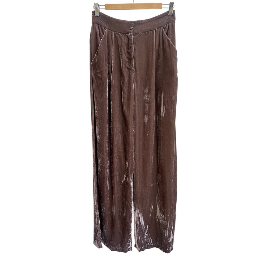 Isalis High Waist Shiny Velvet Taupe Brown Wide Leg Pleated Front Sz M